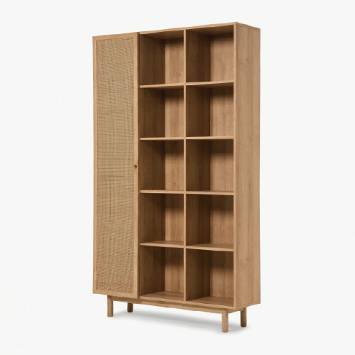 Librero estilo vintage madera de encino y ratán en su puerta