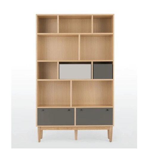 Librero estilo moderno madera de encino tonos de grises, 2 cajones y 3 módulos