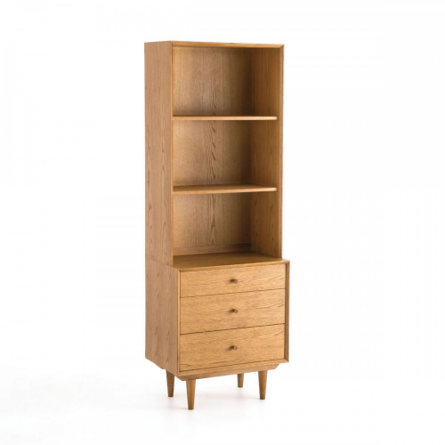 Librero estilo moderno de madera de encino 3 repisas y 3 cajones