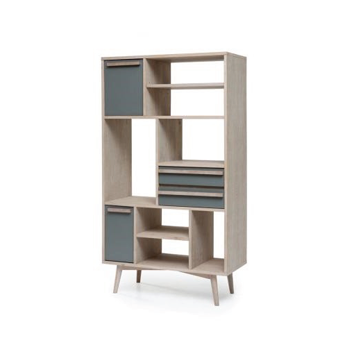 Librero estilo escandinavo de madera natural con cajones y puertas de color gris antracita