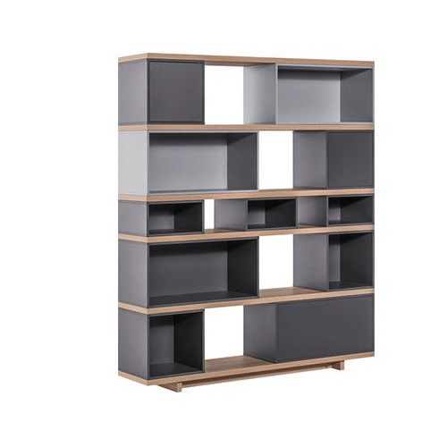 Librero estilo moderno con tonos grises y madera de encino