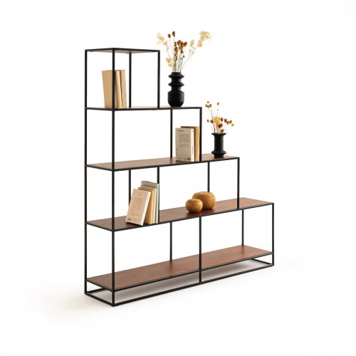 Librero estilo industrial con 5 repisas de herrería y madera de nogal