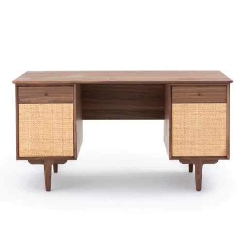 Escritorio estilo vintage con madera de nogal y 2 puertas de rattan