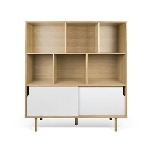 Credenza librero estilo moderno de madera de encino con 2 puertas corredizas y 6 repisas